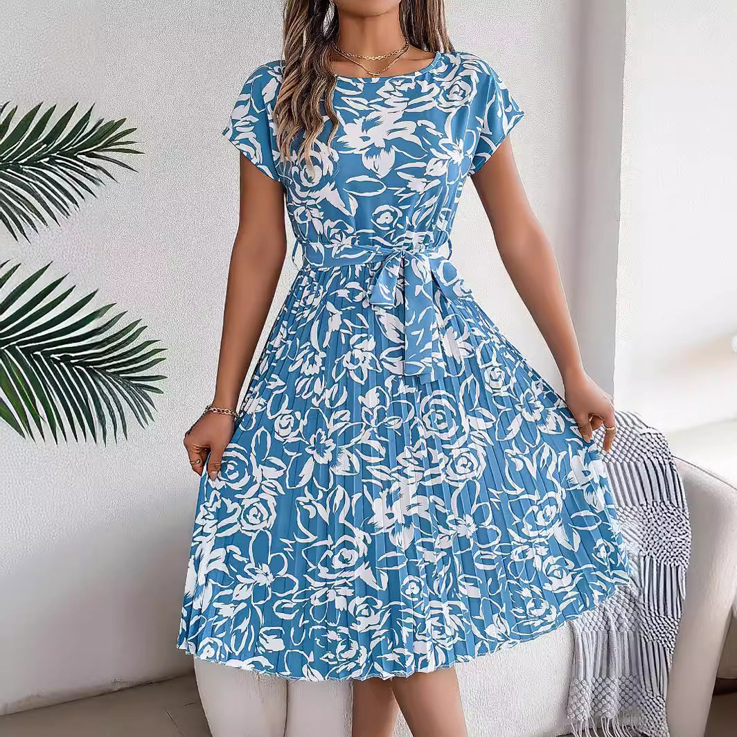 Elegant Floral Short-Sleeve Large Hem Pleated Dress