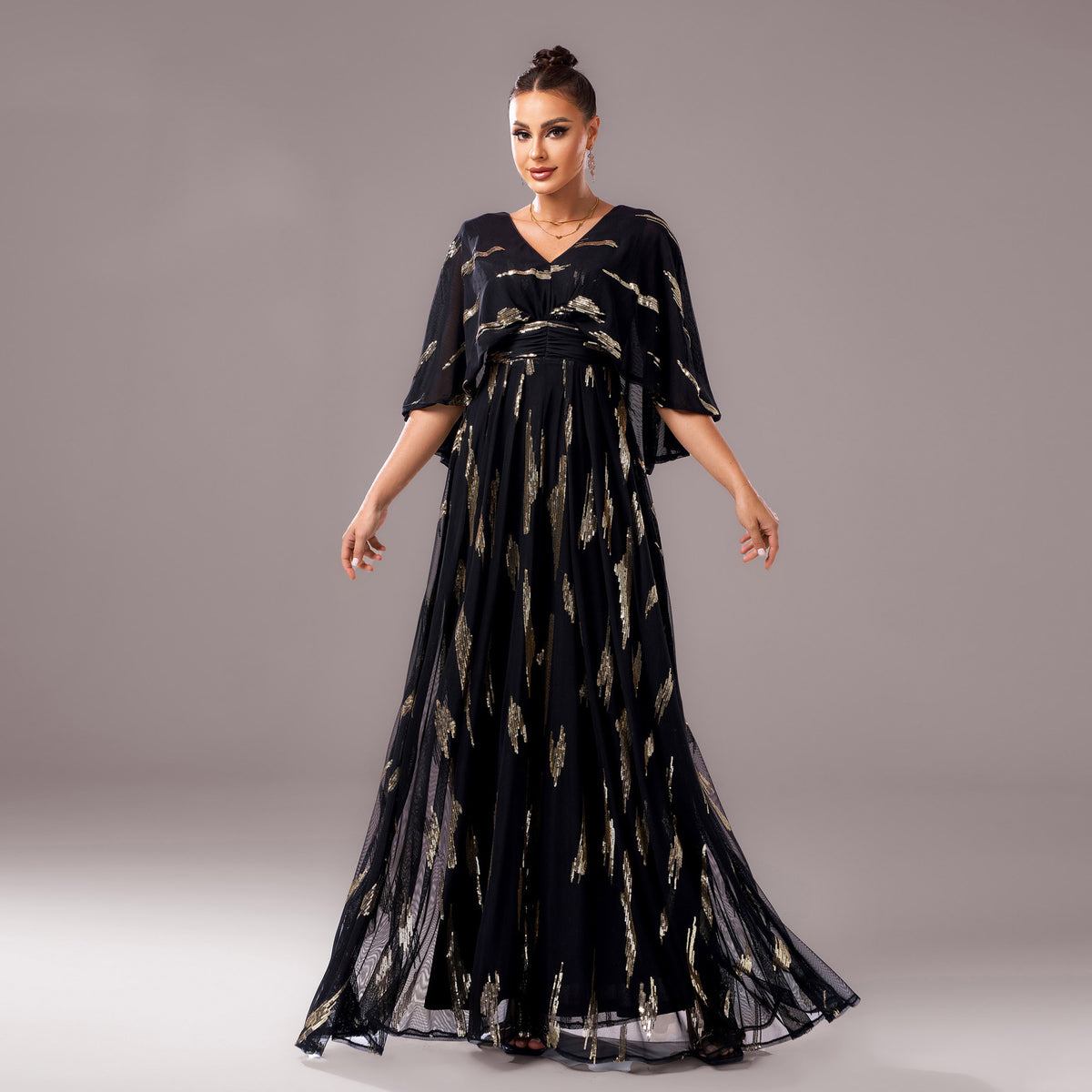 Women's Sequin V-Neck Half Sleeve Evening Maxi Dress