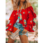 Women's Clothing Bohemian Long Sleeved Shirt Women Autumn Red Casual Women Top