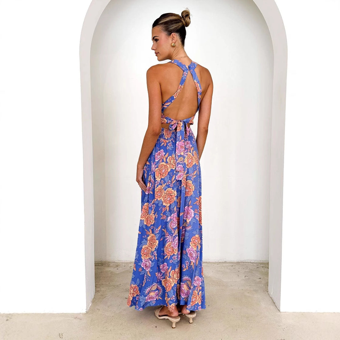 Printed Halter Beach Bohemian High-Waist Backless Floral Dress