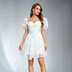 Women's Elegant Lantern Sleeve Slim Chiffon Long Sleeve Short Dress