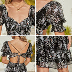 Women's V-Neck Puff Sleeve Backless Mini Dress