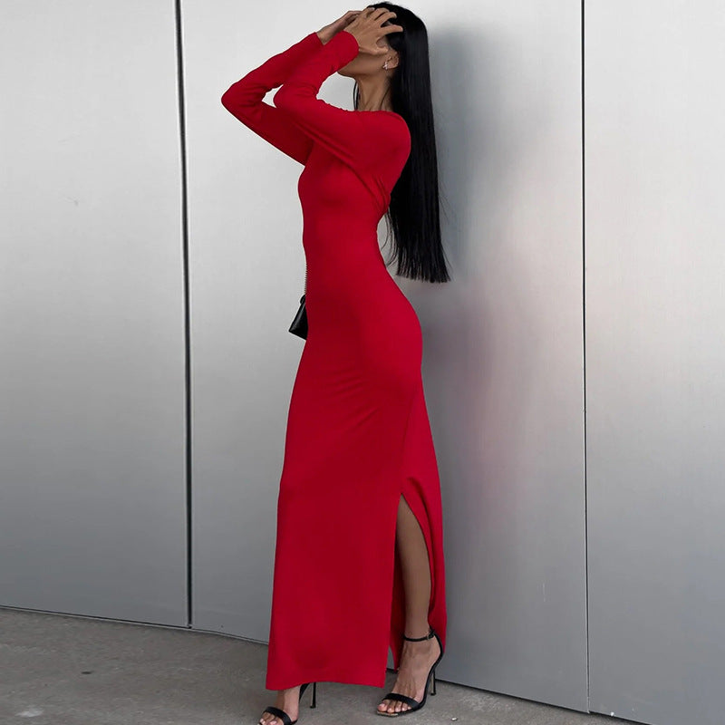 Crew-Neck Long-Sleeve Split Bodycon Maxi Dress