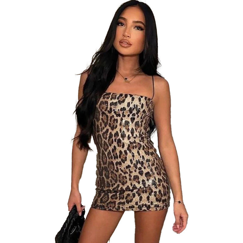 Leopard Strap Tight Nightclub Sequin Dress