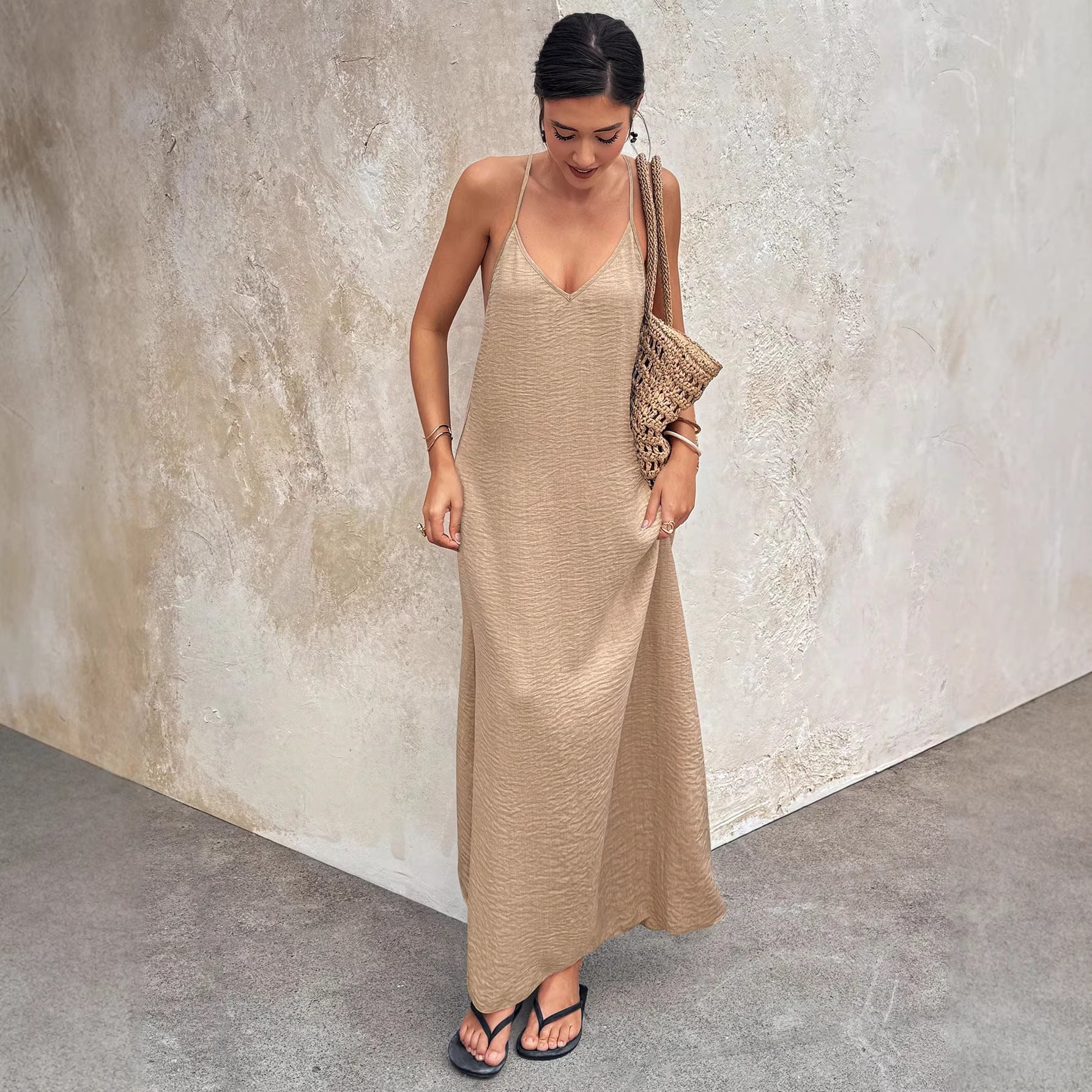 V-Neck Backless Sleeveless A-Line Midi Dress