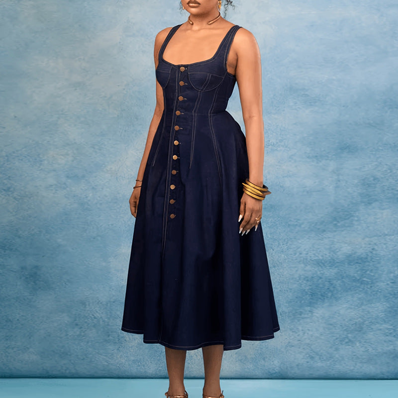 Women's Denim Square-Neck Button-Front Dress