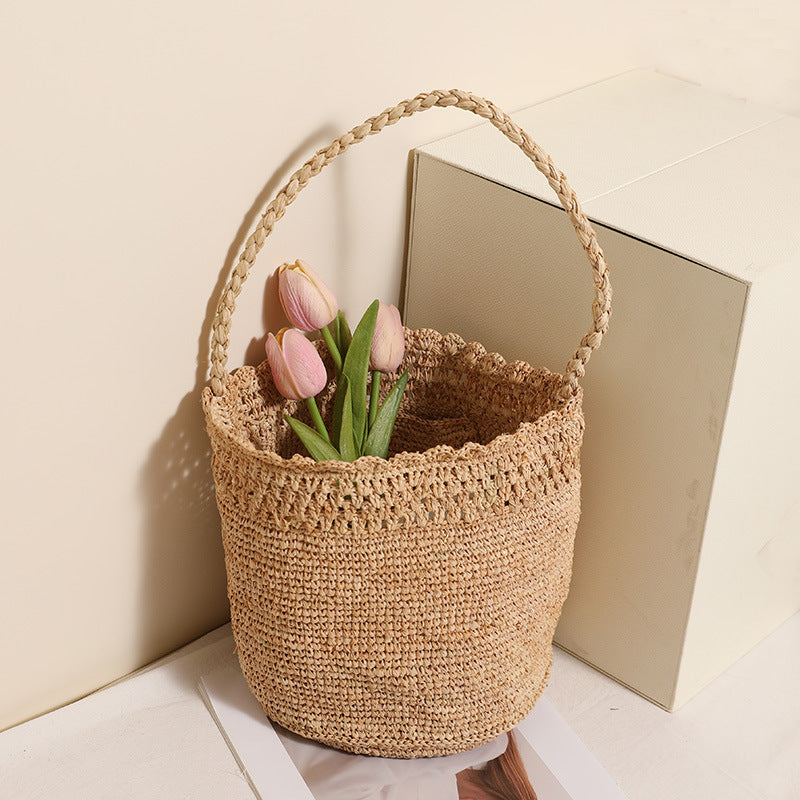 Women's Raffia One-Shoulder Straw Bucket Bag
