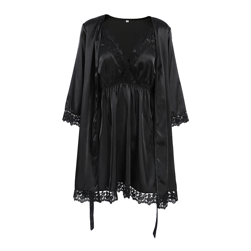 Summer Satin Stitching Lace Nightdress Nightgown Two Piece Set Women Slim Fit Breathable Home Clothing