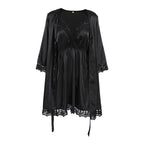 Summer Satin Stitching Lace Nightdress Nightgown Two Piece Set Women Slim Fit Breathable Home Clothing