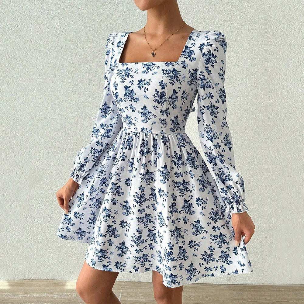 Women's French Floral Square-Neck Backless Dress