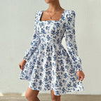 Women's French Floral Square-Neck Backless Dress