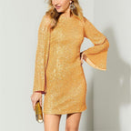Autumn Winter Women Clothing Sequined Flare Sleeve Dress