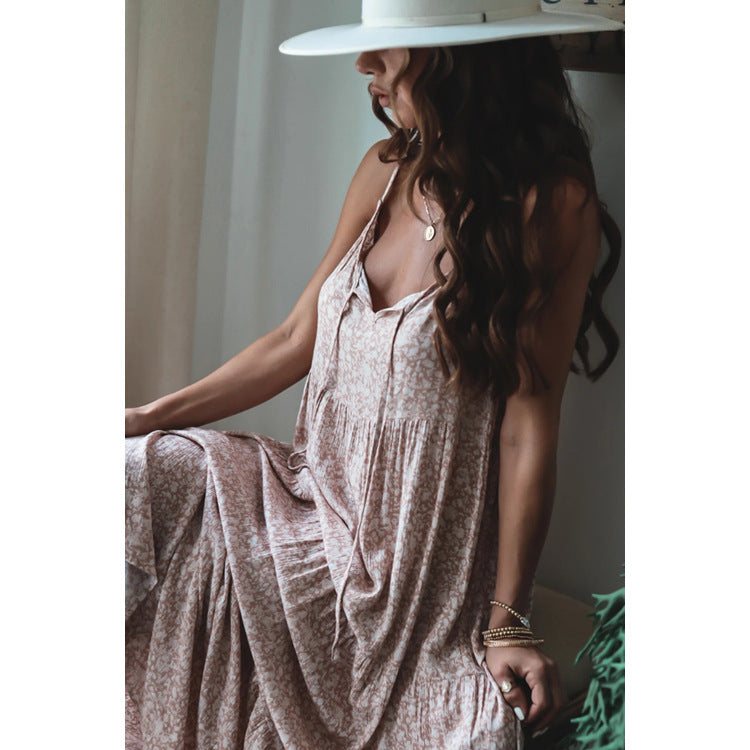 Strap Layered Lace-Up Maxi Dress Loose Floral