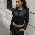 Women's Black Faux Leather V-Neck Fitted Shirt