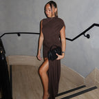 Women's Spring Summer Slim round Neck Pleated Hip Irregular Asymmetric Sleeveless Dress