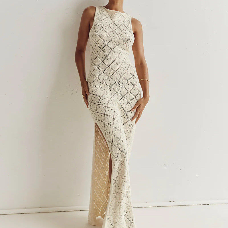 Apricot knit maxi dress, sleeveless high neck, diamond pattern, long side slit