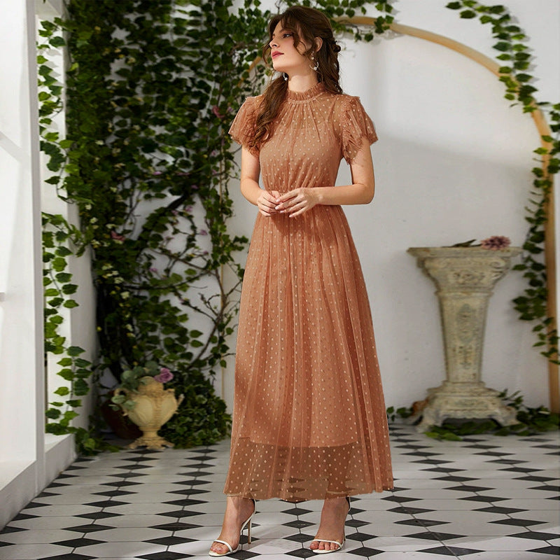 Polka Dot Mesh-Panel Short-Sleeve Dress