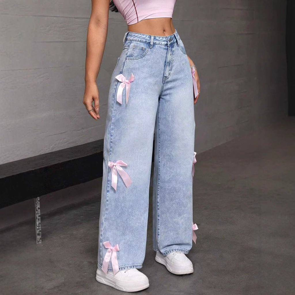 Street Bowknot Washed Loose Straight Leg Wide Skirt