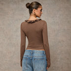 Women's Autumn Winter V Neck Ruffled T Shirt Women Pleated Nipped Waist Slimming Short Long Sleeve Bottoming Top