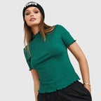 Women's Short Sleeve Solid Color Turtleneck T-Shirt Thread Sunken Stripe