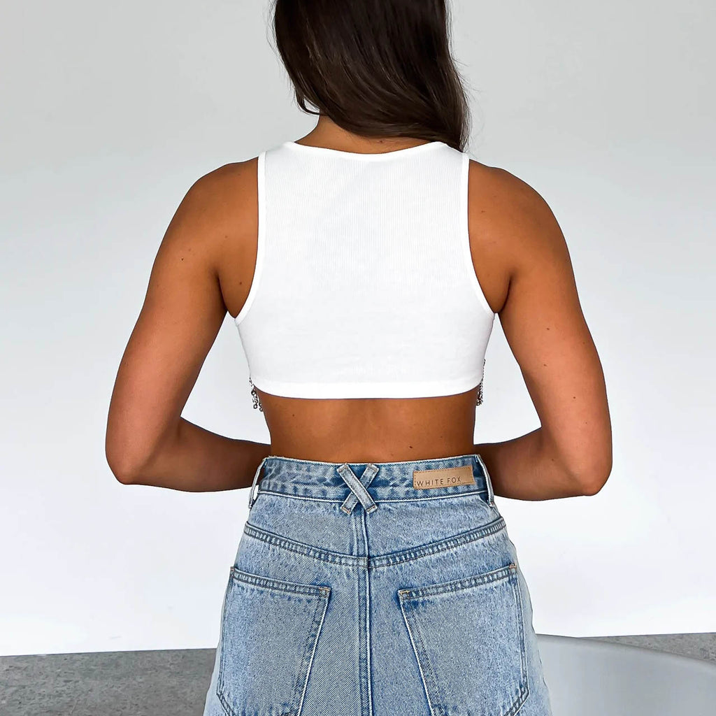 's Rhinestone Tassel Vest Crew Neck Sunken Stripe Short Cropped