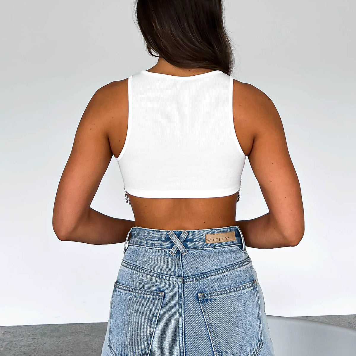's Rhinestone Tassel Vest Crew Neck Sunken Stripe Short Cropped