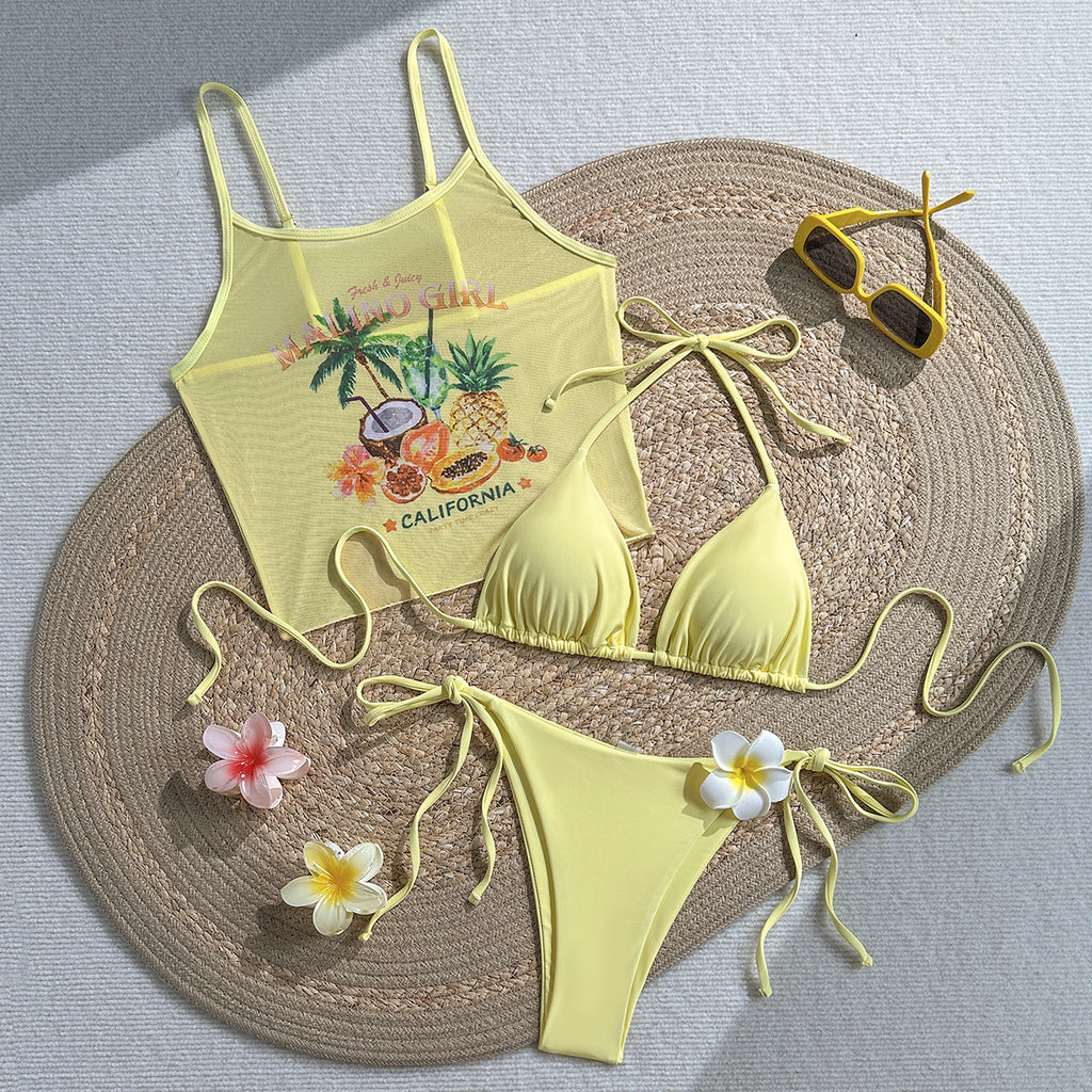 Yellow tropical one-piece swimsuit with palm fruit graphic and tie side accents