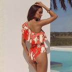 Women's Swimsuit Retro Palm Leaf Floral Print Off Shoulder Ruffled One Piece Swimsuit Sets