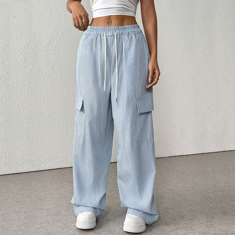 Simple Tooling Striped Lace Up Wide Leg Thin Pants