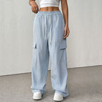 Simple Tooling Striped Lace Up Wide Leg Thin Pants