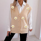 Women Autumn Winter Vest Pearl Buckle Loose Casual Cardigan Sweater Vest