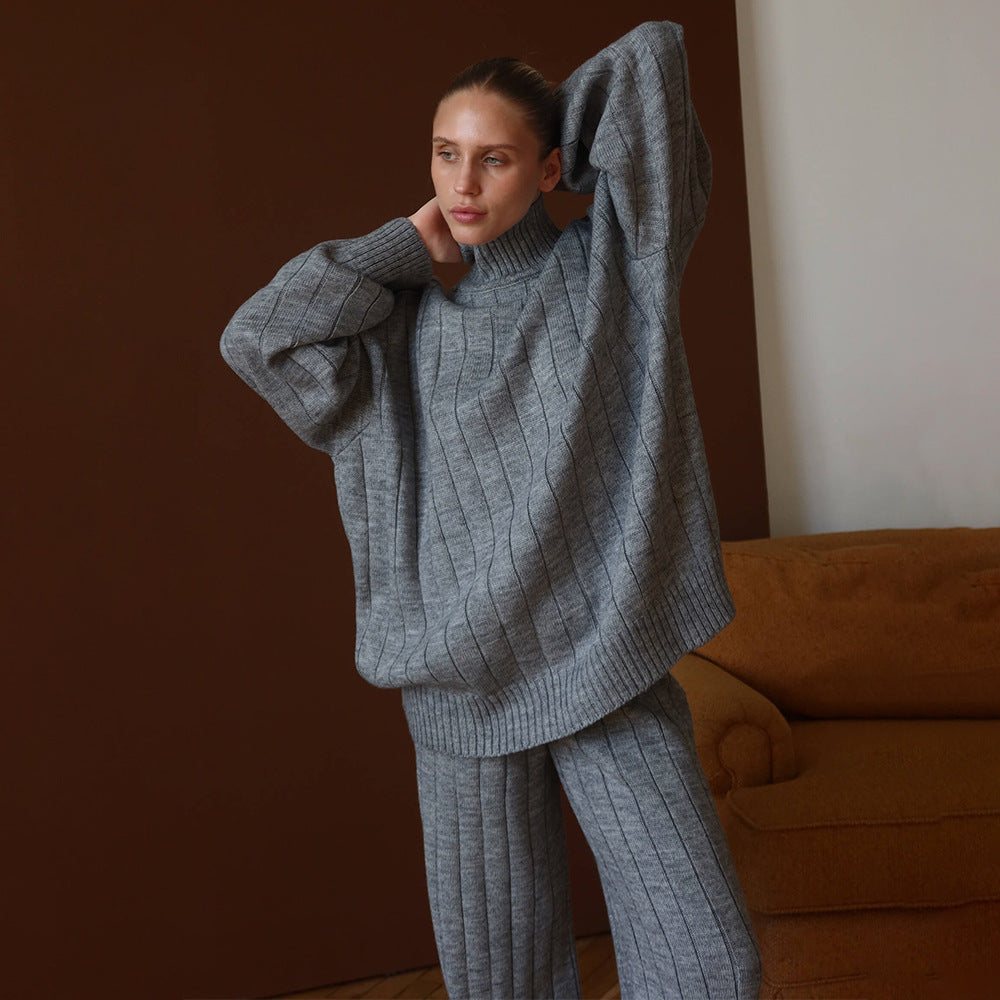 Women's Turtleneck Knitting Autumn Winter Sunken Stripe Loose Fitting Comfortable Sweater Wide Leg Pants Two Piece Set