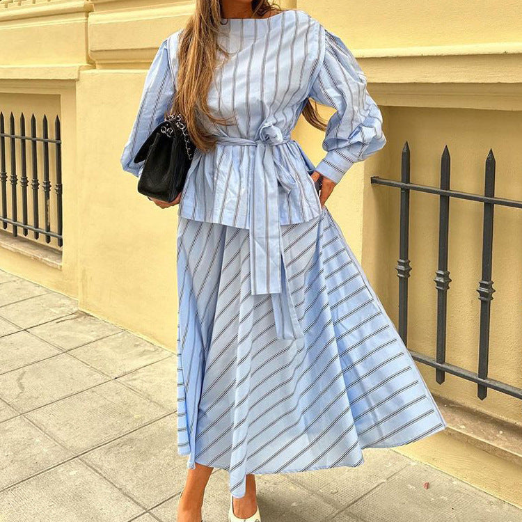 Striped Skirt Set round Neck Long Sleeve