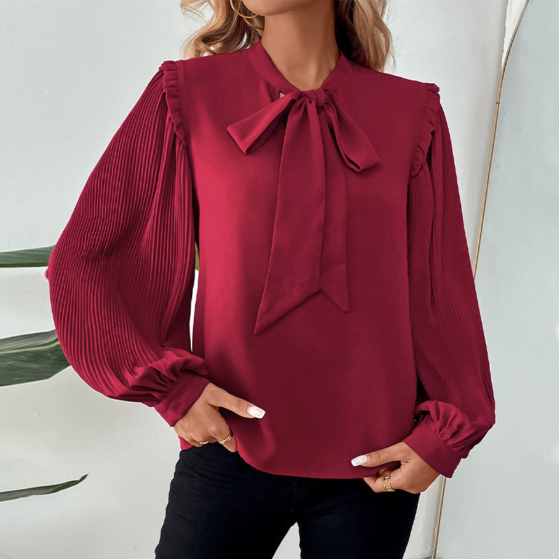Women's Shirt Lantern Long Sleeve Bow Collar Solid Color Women Shirt