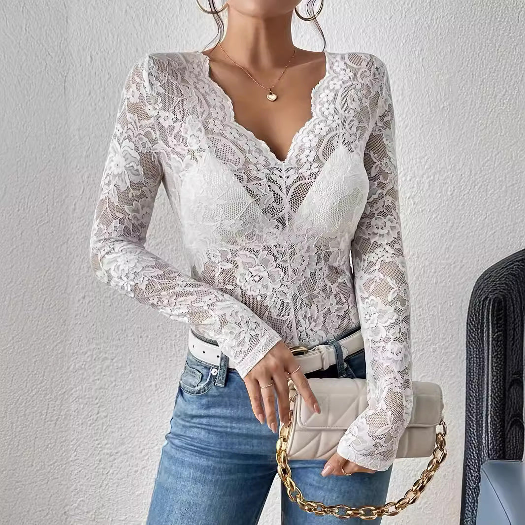 Women's Autumn Winter Sexy Single Layer Floral Lace Fan Shaped Decoration Bottoming Shirt Top Women