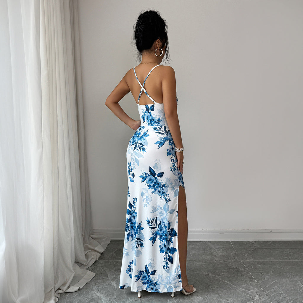 Maxi sling dress, white with blue floral print, crisscross back straps, long skirt