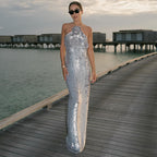 Women's Silver Sequin Halter Backless Slit Maxi Dress
