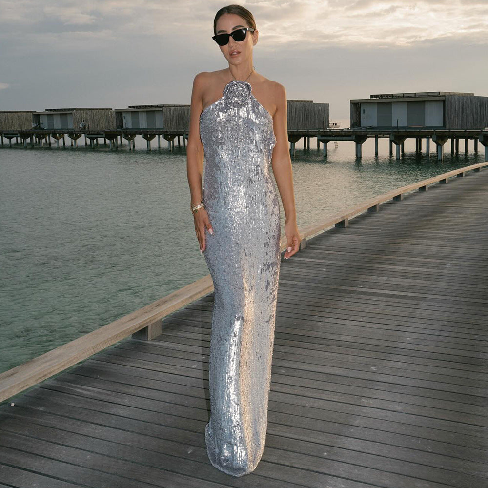 Women's Silver Sequin Halter Backless Slit Maxi Dress