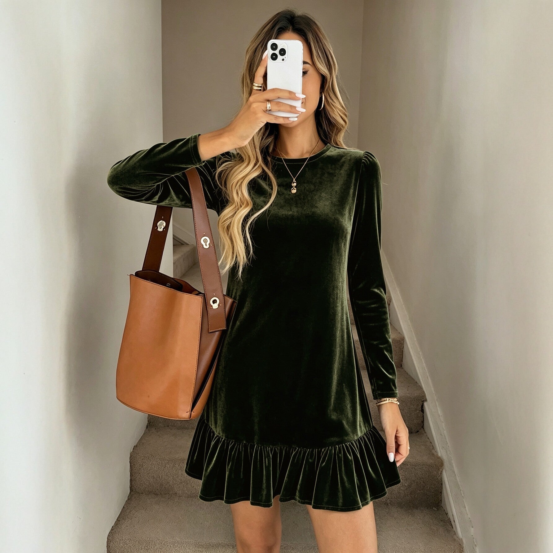 Women's Crew-Neck Velvet Ruffle Long-Sleeve Dress