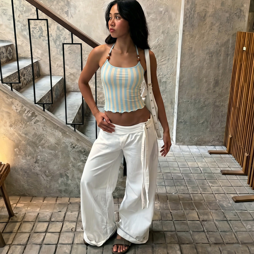 Women's Beaded Backless Striped Vest Top