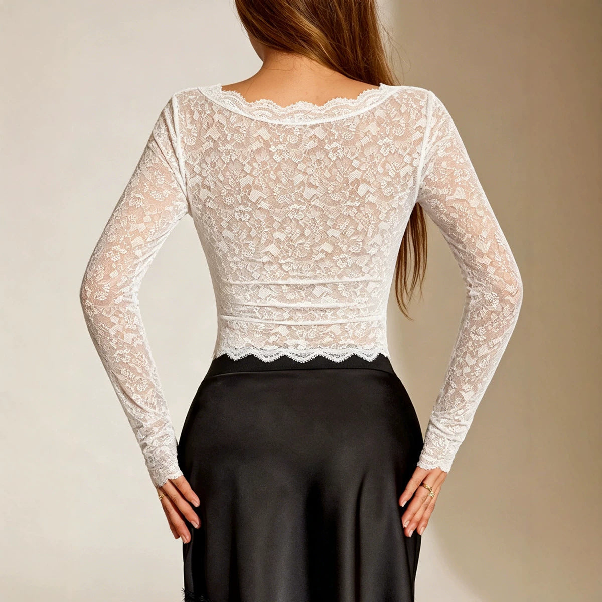 Women's Women Lace Long Sleeved Top Sexy Mesh See Through Slim Bottoming Shirt