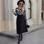 Contrast Waist Long Sleeve Midi Dress
