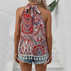 Women's Paisley Tassel Halter Crop Top