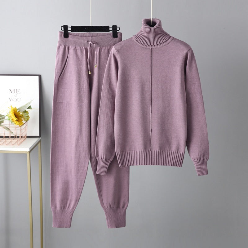Casual Autumn Winter Turtleneck Solid Color Sweaters Two-Piece Set