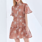 Women's Early Spring Elegant Stand Collar Short Sleeve Printed Short Dress Plus Size Tiered Dress