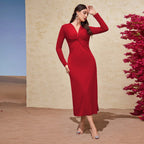 Women's French Elegant Dress V neck Slim Fit Slimming Red Midi Dress