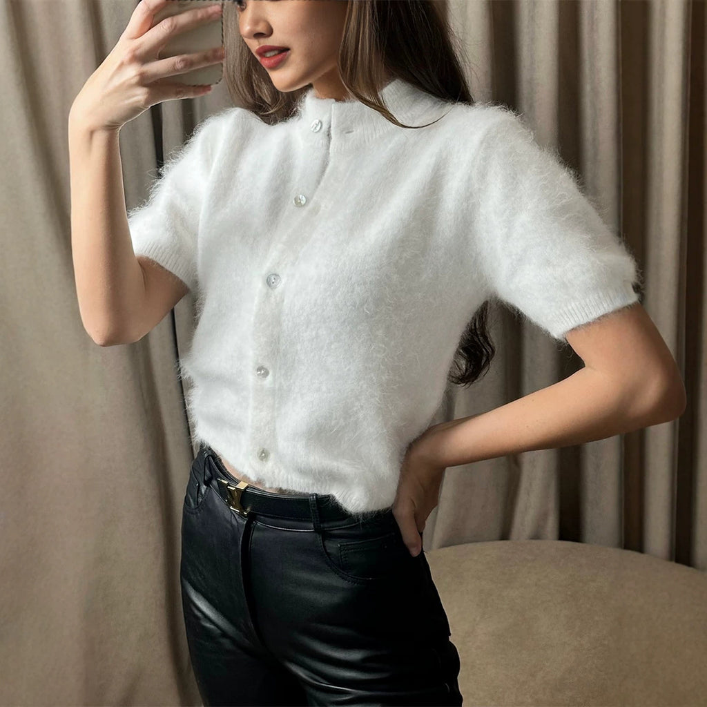 Sweater Autumn Retro Half Turtleneck Slim Fit Short-Sleeved Knitted Cardigan