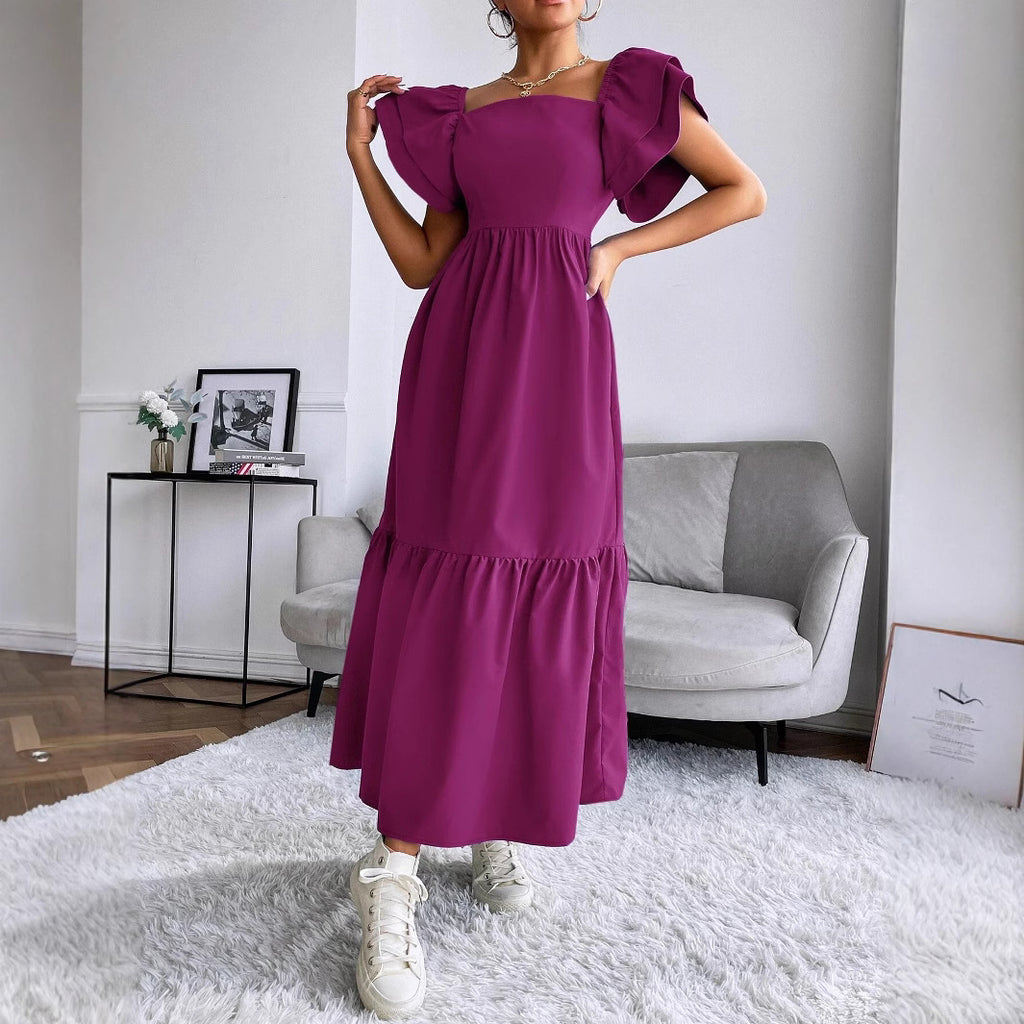 Off-Shoulder Ruffle-Sleeve A-Line Maxi Dress