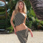 Striped Printed Shoulder Sleeveless Cropped Small Tank Top Mid Waist Skirt Two