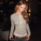 U Neck Lace up T shirt for Women Autumn Lace Long Sleeved Top Bottoming Shirt for Women